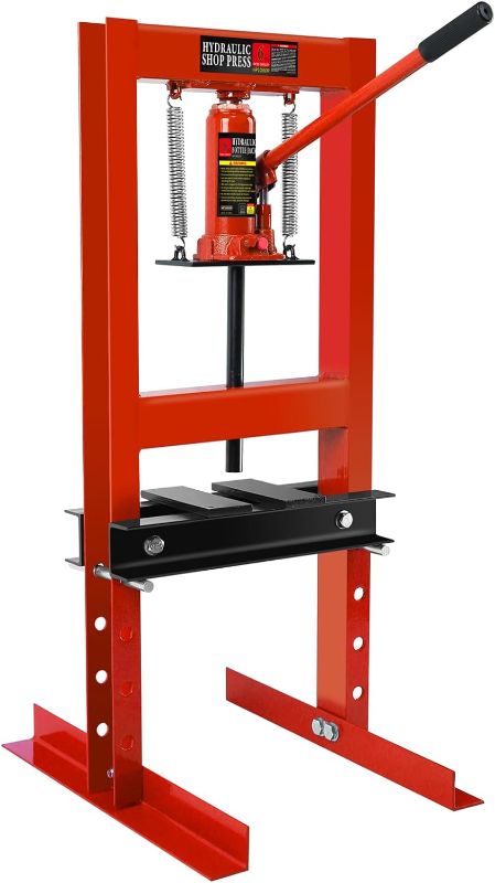 Photo 1 of 6 Ton Hydraulic Shop Press, H-Frame Floor Mount Hydraulic Press with Press Plates Adjustable Working Table Height, 6 Ton Shop Press for Car Repair and Garage, Red
