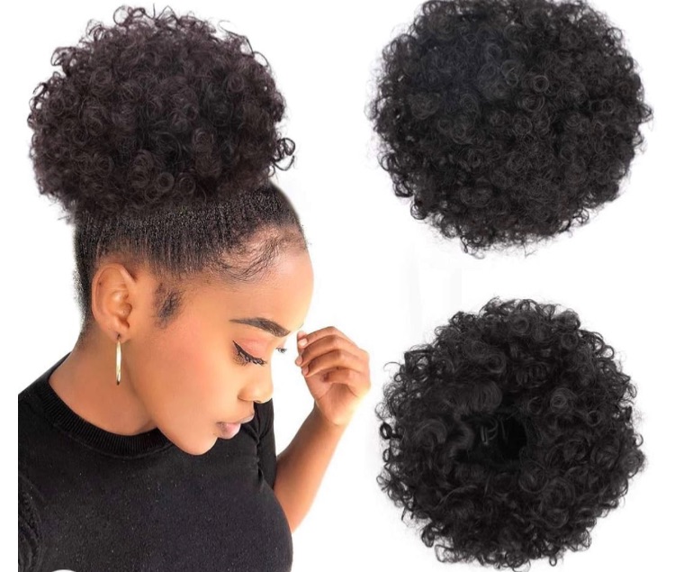 Photo 1 of Afro Puff Drawstring Ponytail Kinky Curly Bun Hair Synthetic Short Extensions Hairpieces Updo Hair for Black Women Girls(1B)