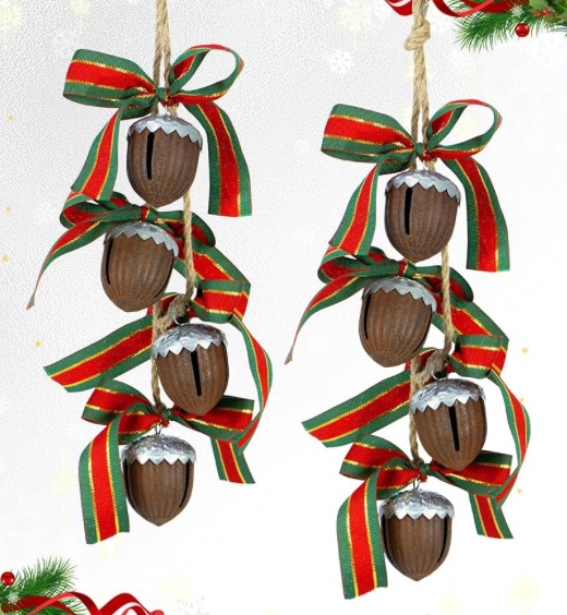 Photo 1 of 2 Pieces Rusty Metal Christmas Bells Ornaments on Rope, Rustic Metal Pine Cone Acorn Jingle Bell for Christmas Tree Holiday Season House Garden Decor.