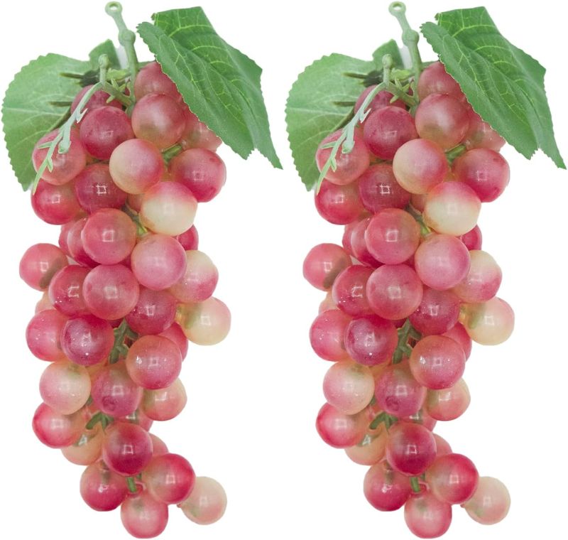 Photo 1 of 2 Bunches Faux Grapes Decor Realistic, 8 Inch Decorative Fruit Artificial Grapes, Fake Fruit Grapes for Wedding Party Cabinet Pub Fall Harvest Farmhouse Photography Props (60 Grains Red)
