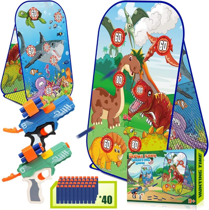 Photo 1 of Dinosaur Shooting Game for Kids 5 6 7 8 9 10 Years Old - Double Sided Target with 2 Foam Dart Blasters & 40 Darts - Outdoor Gun Toys & Birthday Gifts for Teenage Boys Compatible with Nerf Guns
