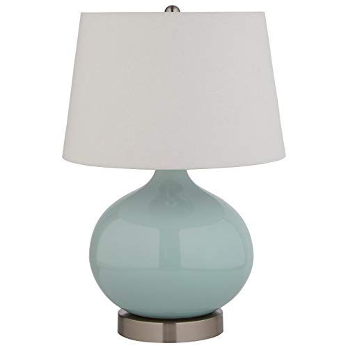 Photo 1 of Amazon Brand – Stone & Beam Round Ceramic Table Lamp with Light Bulb and White Shade - 11 X 11 X 20 Inches, Cyan Blue

