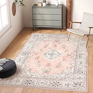 Photo 1 of Valenrug Washable Rug 8x10 - Ultra Thin Floral Area Rug, Stain Resistant Non-Skid Rugs for Living Room, Antique Bedroom Rugs(8'x10', TPR40-Pink)