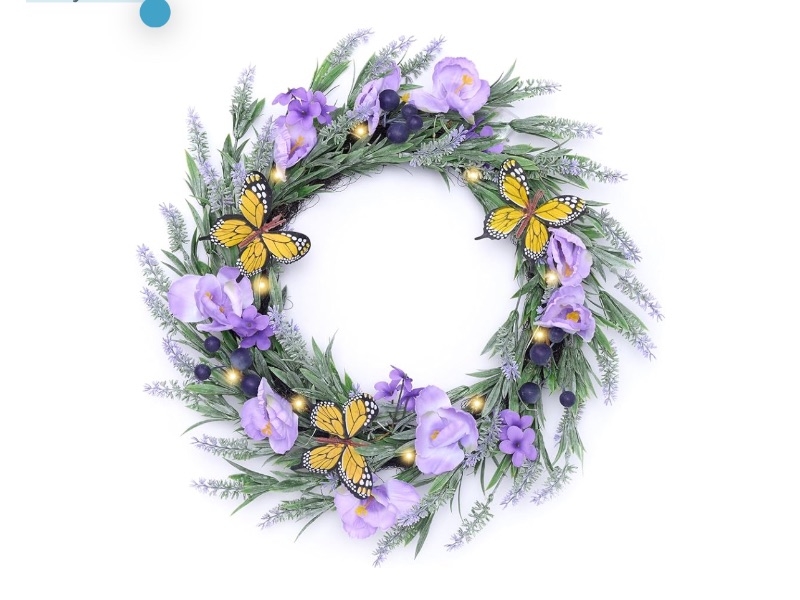 Photo 1 of Valery Madelyn Pre-Lit Lavender Spring Wreaths for Front Door with Lights, 22 Inch Rustic Farmhouse Wreath with Purple Artificial Flowers for Wall Window Home Porch Indoor Summer Wedding Party Decor