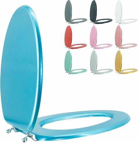 Photo 1 of BLOFDE Elongated Toilet Seat Wood Toilet Seat Prevent Shifting with Zinc Alloy Hinges American Standard Size Toilet Seat Easy to Install also Easy to Clean(Elongated,Sparkling Turquoise) 