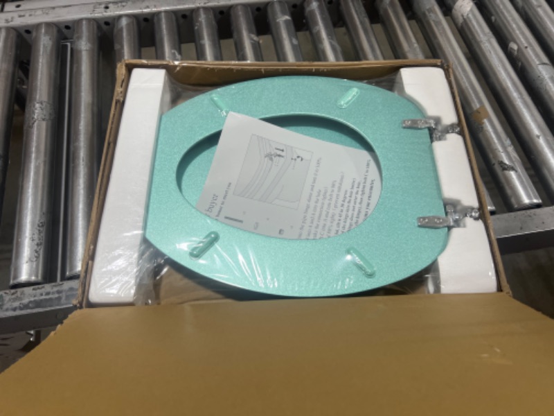 Photo 2 of BLOFDE Elongated Toilet Seat Wood Toilet Seat Prevent Shifting with Zinc Alloy Hinges American Standard Size Toilet Seat Easy to Install also Easy to Clean(Elongated,Sparkling Turquoise) 