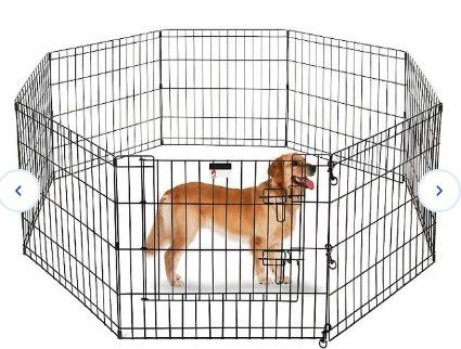 Photo 1 of IRIS USA Metal Exercise Pet Playpen, Small Medium Dog Secure Fence Portable Easy Assemble Yard Outdoor Camping, 24"H 8-panel, Black