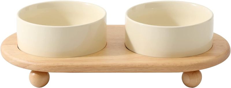 Photo 1 of Ceramic Elevated Cat Food and Water Bowl, Kitty Bowl, Raised Cat Dish, Cat Feeder (2 x Cream White + Stand)
