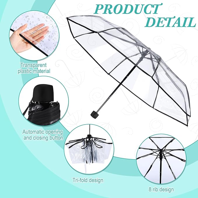Photo 1 of Sanwuta Transparent Folding Umbrella Full Automatic Clear Foldable Umbrella 8 Ribs Tri-Fold Auto Open Close Umbrellas for Rain Travel Wedding
