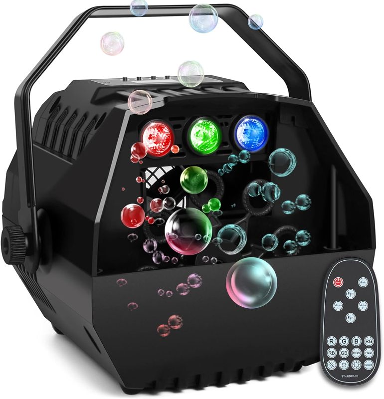 Photo 1 of Bubble Machine with 3 Led Lights Remote Control, 8000+ Bubbles Per Minute for Kids Birthday Party Indoor Outdoor, Led Screen Operation, Adjustable Speed, Powered by Plug-in or Battery (Not Included)