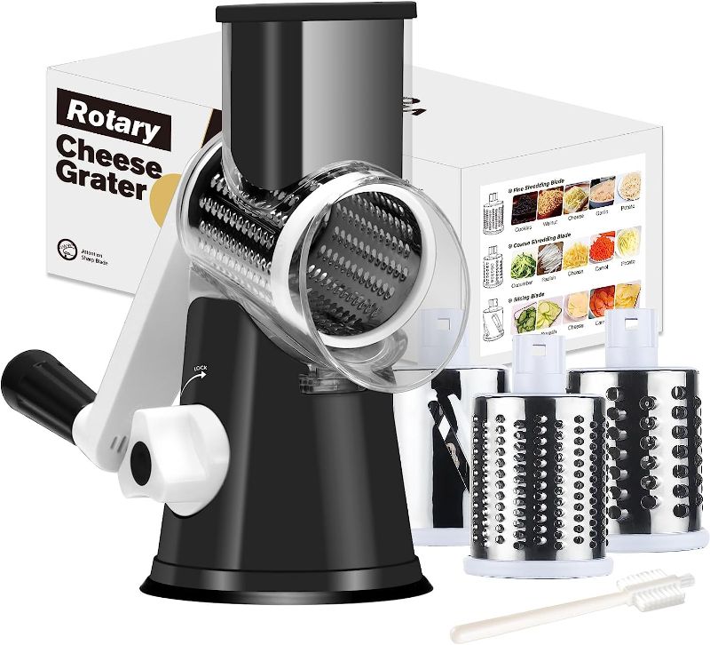 Photo 1 of Rotary Cheese Grater Cheese Shredder - Cambom Kitchen Manual Cheese Grater with Handle Vegetable Slicer Nuts Grinder 3 Replaceable Drum Blades and Strong Suction Base Free Cleaning Brush
