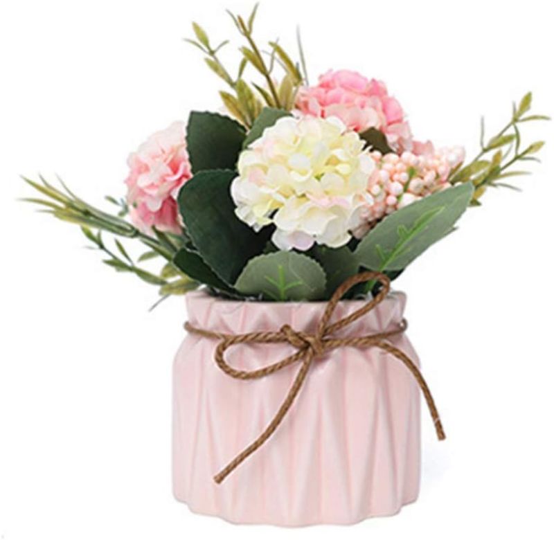 Photo 1 of Fake Hydrangeas with Pot, Mini Hydrangea Artificial Flowers Artificial Plant in Ceramic Vase for Office Desktop Decorations (Pink)
