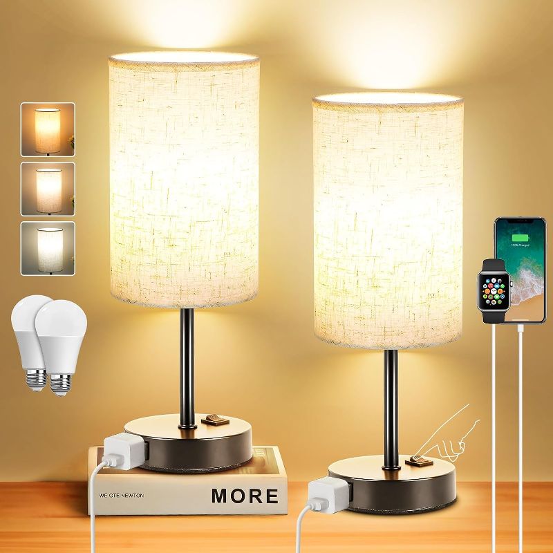 Photo 1 of ZJOJO Table Lamp for Bedroom, Bedside Table Lamps Set of 2, Small Lamp with 3 Way Dimmable Desk Lamp Using Rocker Switch, Nightstand Lamp with AC Outlets for Living Room Home Decor
