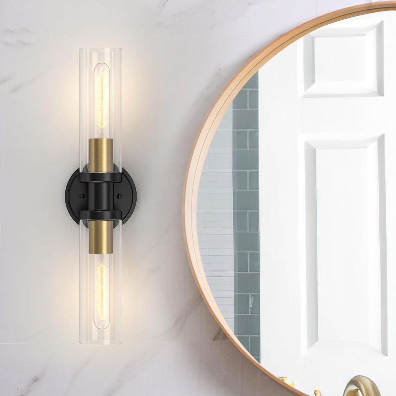Photo 1 of Espird Bathroom Light Fixtures 2-Light Black & Gold, Bathroom Vanity Lights Over Mirror, Wall Sconces, Industrial Bathroom Lighting, Modern Brushed Brass Vanity Lighting Fixtures w/Glass Shades
