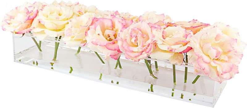 Photo 1 of DaizySight Clear Flower Vase for Centerpiece, 15.7 Inches Long Low Height Acrylic Vase Rectangular Floral Arrangement for Dining Table Decoration, Wedding,Home Decor