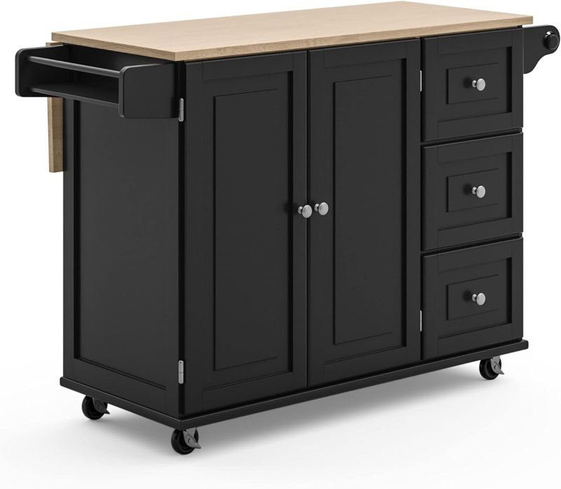 Photo 1 of Homestyles Dolly Madison Kitchen Cart with Wood Top and Drop Leaf Breakfast Bar, Rolling Mobile Kitchen Island with Storage and Towel Rack, 54 Inch Width, Black
