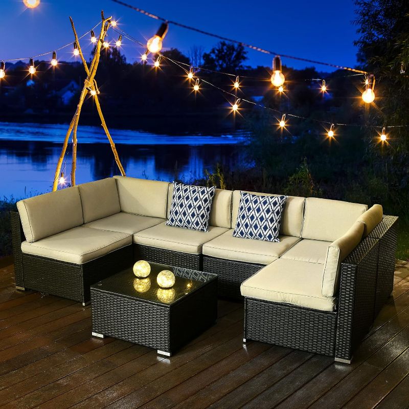 Photo 1 of YITAHOME 7 Pieces Patio Furniture Set, Outdoor Sectional Sofa PE Rattan Wicker Conversation Set Outside Couch with Table and Cushions for Porch Lawn Garden Backyard, Black