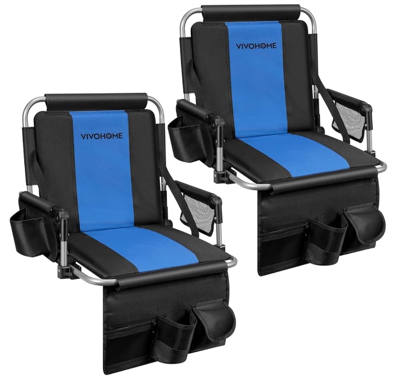 Photo 1 of VIVOHOME Stadium Seats with Back Support and Cushion, 2 Pack Portable Bleacher Chairs with Cup Holder, Storage Bags and Shoulder Strap, Black and Blue
