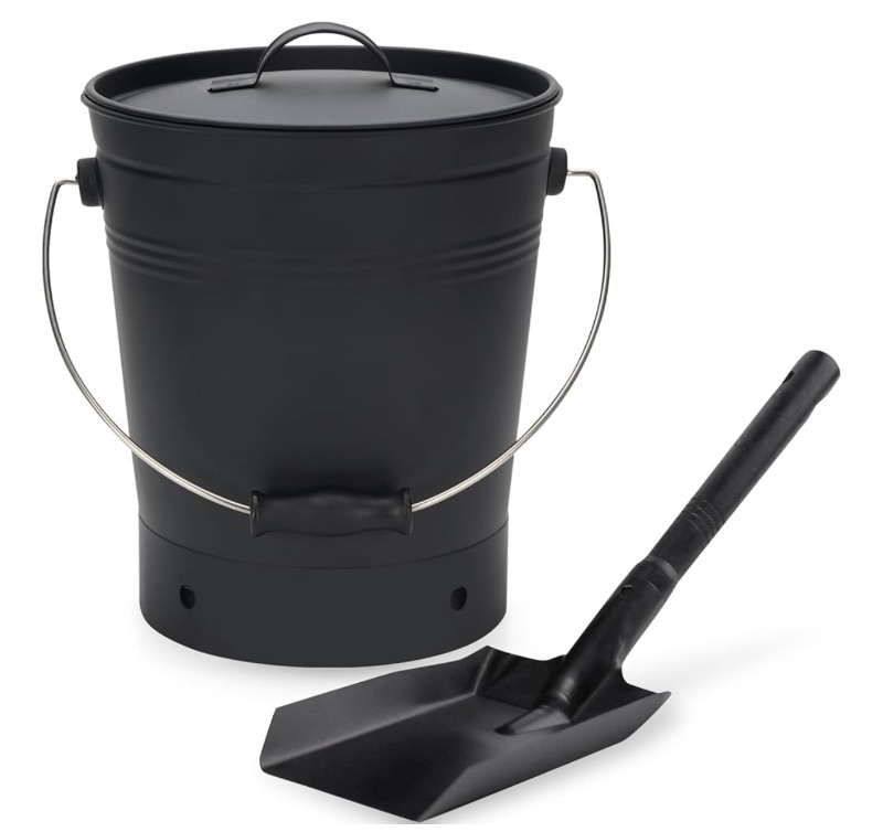 Photo 1 of INNO STAGE Ash Bucket with Lid and Wood Handle Coal Shovel, Ash Carrier Pail Fireplace Tools,Fire Pit,Wood Burning Stove Black
