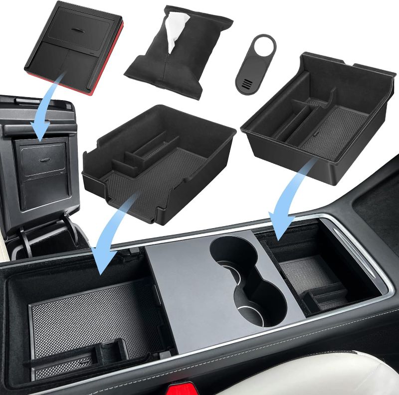 Photo 1 of XINTUO 5Pcs 2023 New Version Center Console Organizer Tray Compatible for Tesla Model 3 Model Y Accessories 2023-2021 Armrest Hidden Drawer Storage Box 1PC Cup Holder 1PC Webcam Cover