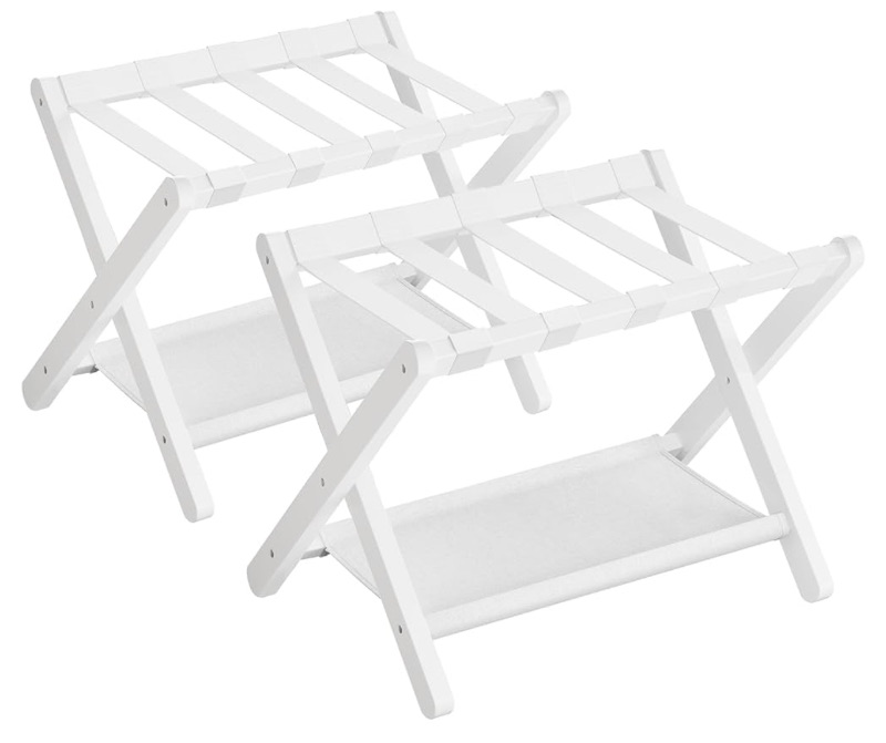 Photo 1 of SONGMICS Luggage Rack, Set of 2, Folding Suitcase Stand with Storage Shelf, for Guest Room, Hotel, Bedroom, Heavy-Duty, Holds up to 131 lb, Cloud White URLR007W02