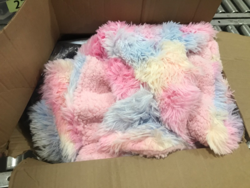 Photo 2 of Exclusivo Mezcla Fuzzy Faux Fur Bed Blanket Twin Size, Reversible Shaggy Sherpa Fleece Blankets,Fluffy Plush Warm Throws for Couch, Bed, 60X80 inches, Light Rainbow Rainbow Twin(60"x80")