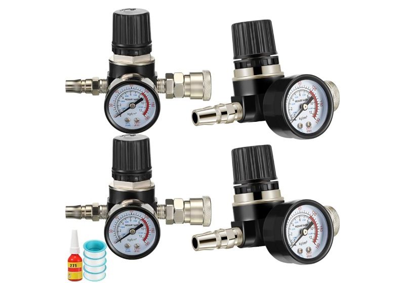 Photo 1 of 4 Pack Air Compressor Pressure Regulator with 1/4" Ports, Metal Dial Gauge, High Pressure 180PSI 12BAR, Air Compressor Accessories with Thread Seal Tapes and Thread Locker, Three Way Valve