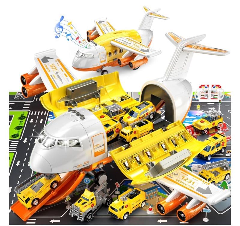 Photo 1 of TEMI Mist Spay Storage Transport Plane Cargo with 6 Free Wheel Diecast Construction Vehicles and Playmat, Kids Toy Jet Aircraft with Lights & Sounds for 3 4 5 6 Years Old Boys and Girls
