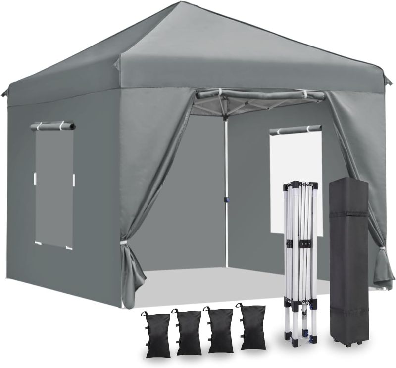 Photo 1 of 10'x10' Pop Up Canopy Tent with 4 Sidewalls, Ez Pop Up Outdoor Canopy,Waterproof Commercial Tent with 3 Adjustable Height, Carry Bag,4 Sand Bags,4 Ropes and 8 Stakes(10FTx10FT,Grey)
