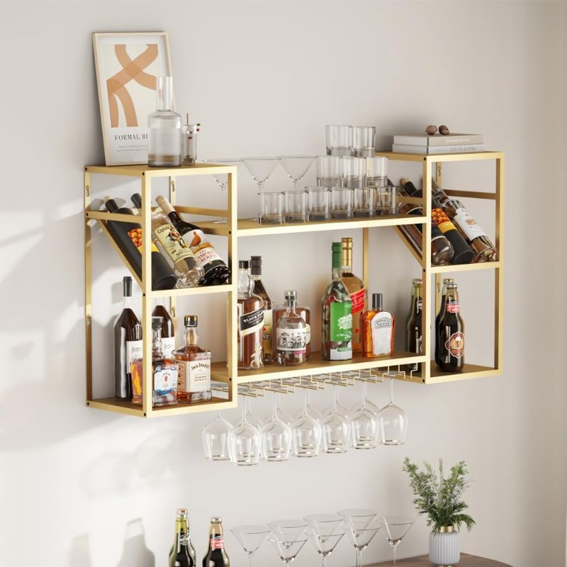 Photo 1 of Metal Floating Bar Liquor Shelves 2 Tier, Wall Mounted Wine Rack with Glass Holder Storage, Wall Bar Shelf Wine Display Storage Holder for Kitchen Dining Room Bar (Gold)
