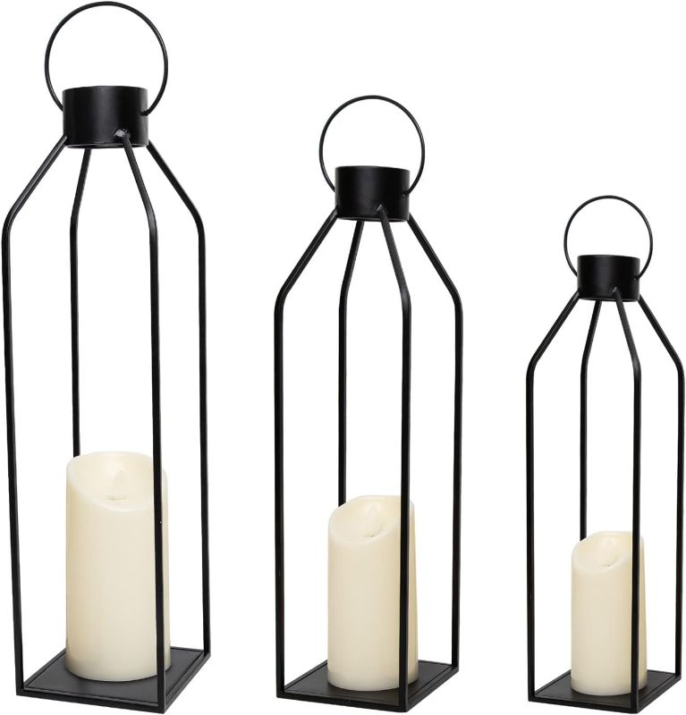 Photo 1 of HPC DECOR 22'' 19'' 16'' Lanterns Decorative w/Flickering Timer Candles- Tall Large Black Metal Candle Lanterns Set of 3- Modern Farmhouse Lanterns Decor for Indoor,Outdoor,Tabletop,Porch (No Glass)
