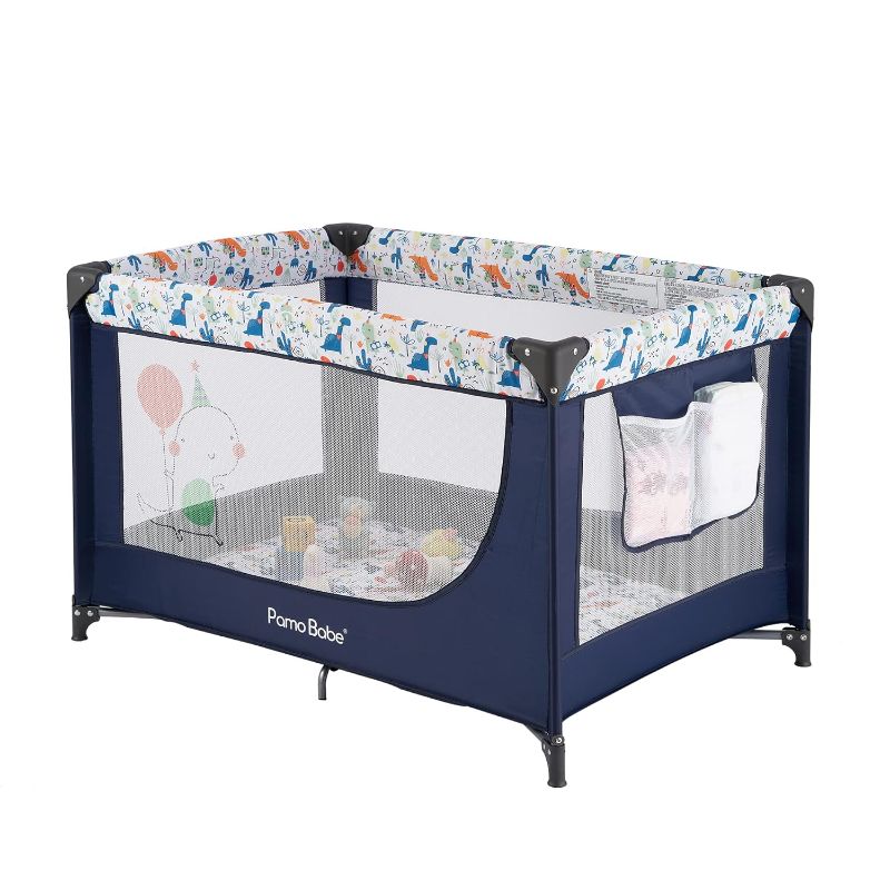 Photo 1 of Pamo Babe Travel Foldable Portable Bassinet Baby Infant Comfortable Play Yard Crib Cot with Soft Mattress, Breathable Mesh Walls, and Carry Bag, Blue

