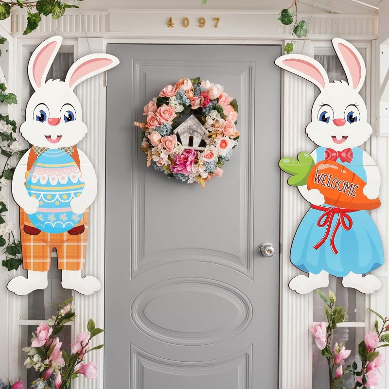 Photo 1 of 2 Pcs 9.4 x 28.4 Inch Wooden Rabbit Easter Rabbit Ornaments Hanging Rabbit Easter Decor for Door Porch Garden Yard Indoor Easter Holiday Party Outdoor Home Decorations