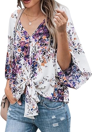 Photo 1 of Farktop Womens Floral V Neck Tie Knot Front Blouses Bat Wing Short Sleeve Chiffon Tops Shirts S Purple Small