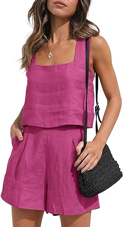 Photo 1 of AUTOMET Women's Summer 2 Piece Outfits Casual Trendy Shorts Matching Sets Sleeveless Casual Linen Outfits Pink  X-Large