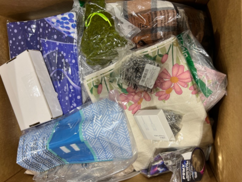 Photo 1 of BOX LOT. NEW AND USED ITEMS. CLOTHES ARE VARIOUS SIZES. SOLD AS IS. 
