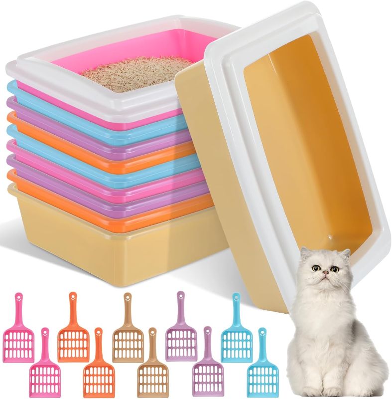 Photo 1 of 10 Pcs High Wall Cat Litter Box with 10 Scooper Plastic Kitten Litter Pan High Side Cat Litter Tray Nonstick Litter Box Bulk for Pets Cats Rabbit Supplies 14.6 x 10.6 x 4.2 Inch Multicolor