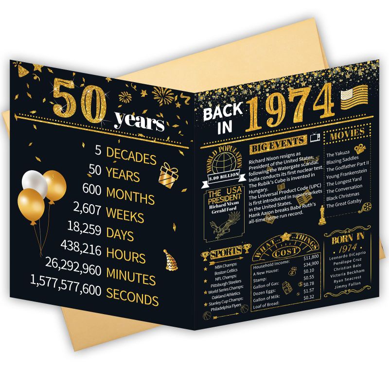 Photo 1 of 2 PACK - HOMANGA 50th Birthday Card for Men and Women, 50th Birthday Gifts for Men Women, Jumbo 50th Bday Card for Wife Husband, Big 50 Year Birthday Card, Black Gold 8x10 Inch Black Gold 1974