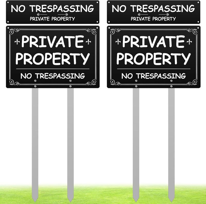 Photo 1 of 4 Pack Metal Private Property No Trespassing Sign 11.8 x 7.9 Inch No Trespassing Signs Private Property 12 x 3 Inch Warning Security Yard Sign with Metal Stakes and Screws for Outdoor Home Business