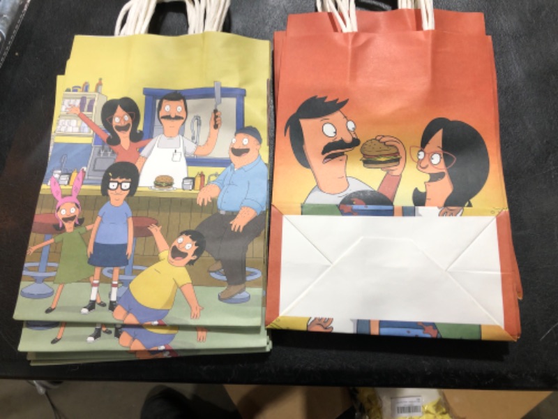 Photo 1 of 16 Pcs Bobs Burgers Party Paper Gift Bags, 2 Styles Party Favor Bags with Handles for Bobs Burgers Party Decorations, Cartoon Goody Bags Candy Gift Bags for Bobs Kids Favors