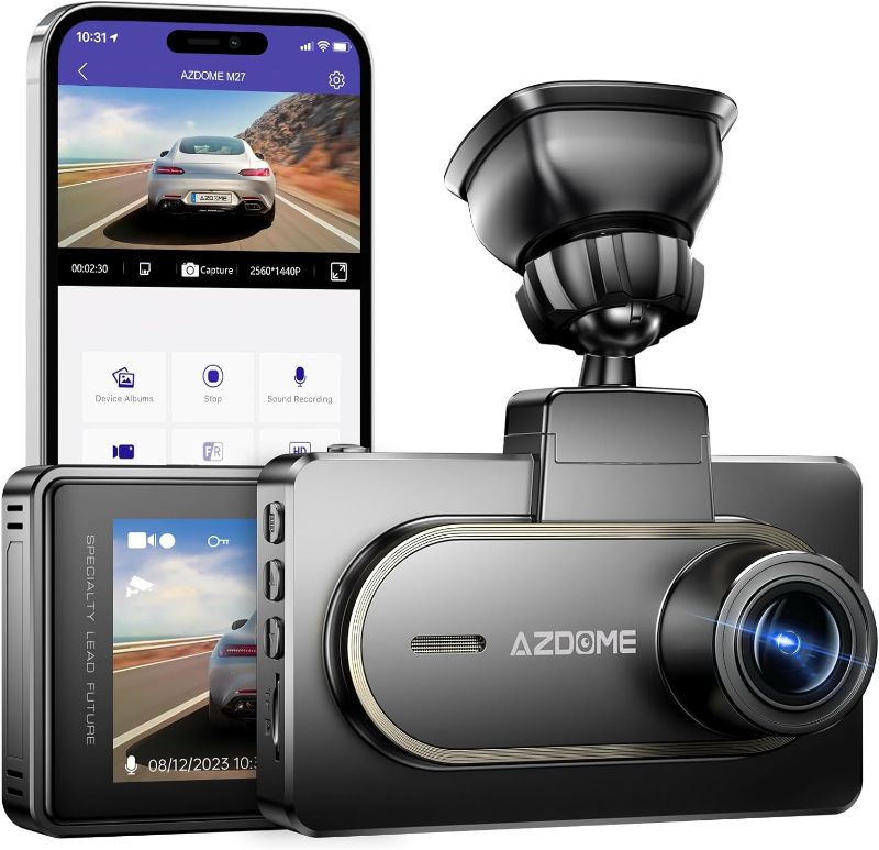 Photo 1 of AZDOME 2K Dash Cam, Built in WiFi, Dashboard Camera with QHD 2560x1440P, M27 Car Camera, Dashcams for Cars with 3" Display, WDR, Night Vision, Parking Monitor, G-Sensor