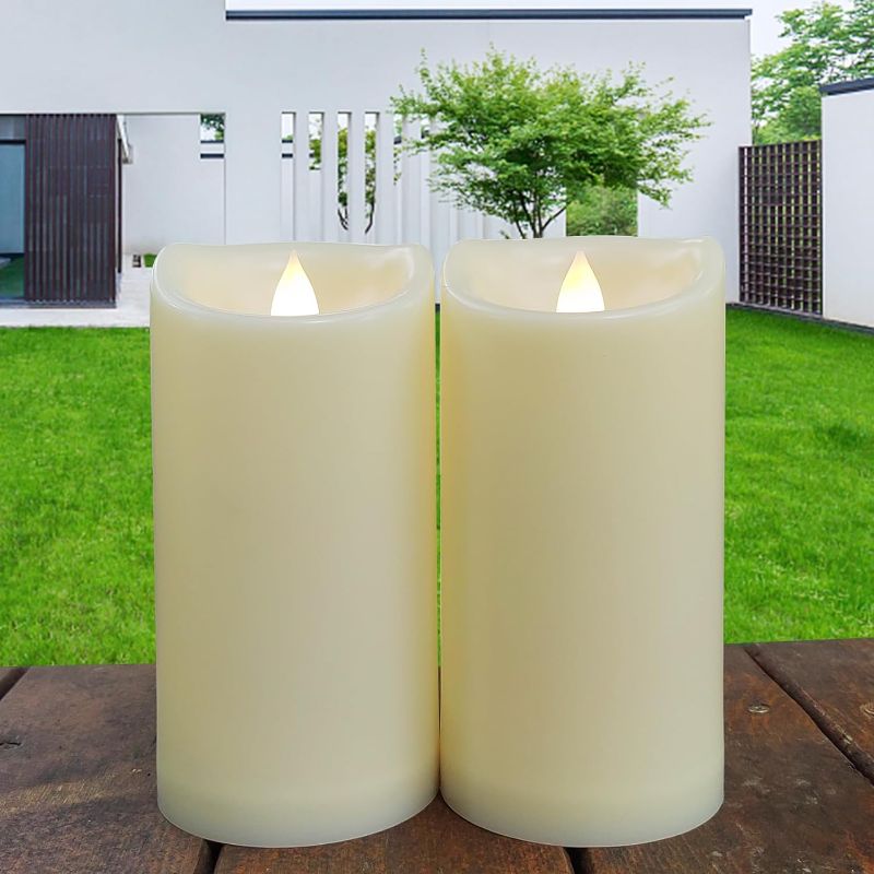 Photo 1 of 2 Pack Outdoor Battery Operated Candles with Timer (3x6 Inch) Waterproof Flameless Flickering Pillar Candles Plastic LED Fake Candle for Halloween Christmas Decoration Outside Lantern Festival Decor