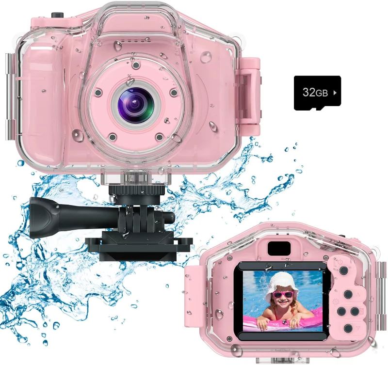 Photo 1 of DEKER Kids Waterproof Camera for Girls, Christmas Birthday 3-12 Year Old Boys Toddler Toys Gifts, Mini Underwater Children HD Digital Action Cameras, 2 Inch IPS Screen with 32GB Card (Pink)