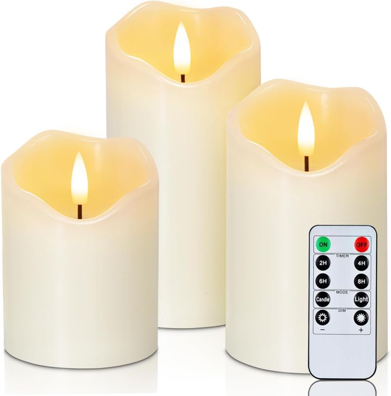 Photo 1 of Homemory Flickering Flameless Candles, Realistic LED Candles with Remote and Timer, Real Wax Battery Operated Candles, Set of 3, Ivory
