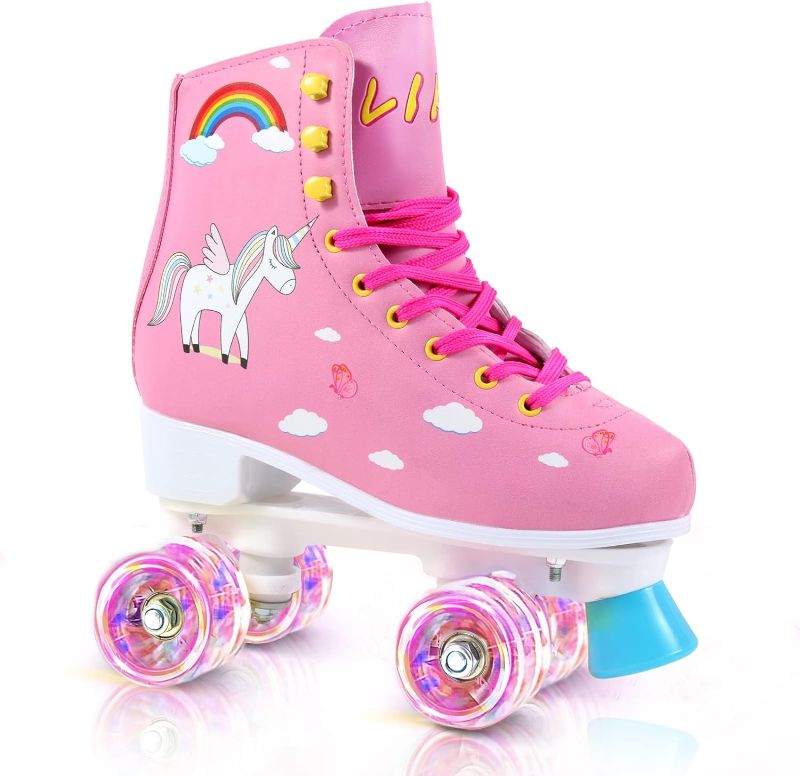 Photo 1 of LIKU Quad Roller Skates for Girl and Women with All Wheel Light Up,Indoor/Outdoor Lace-Up Fun Illuminating Roller Skate for Kid sz 5/6
