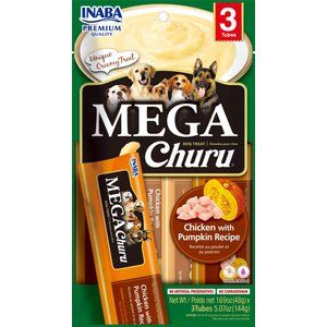 Photo 1 of Inaba Dog Mega Churu Chicken & Pumpkin Flavored Grain-Free Lickable Dog Treats, 1.69-oz, 3 Count (2pk) [bb:06.21.2024]
