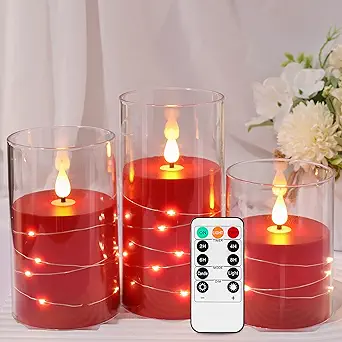 Photo 1 of Kiexung Flameless Candle Set, 3Pk Red LED Candle with Remote, Starlight, Realistic Flame, Unbreakable Plexiglass, Acrylic, Art Deco, Decoration, Battery Powered, Indoor
