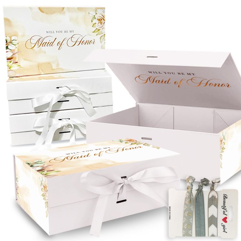 Photo 1 of 6 Pieces Bridesmaid Gift Boxes with Ribbon and Magnetic Lid, 9.5" x 6.5" x 3", Gift Boxes Comes with a Three Pack of Hair Bands, Gift Boxes, Paper, luxury Proposal Boxes for Bridesmaids.