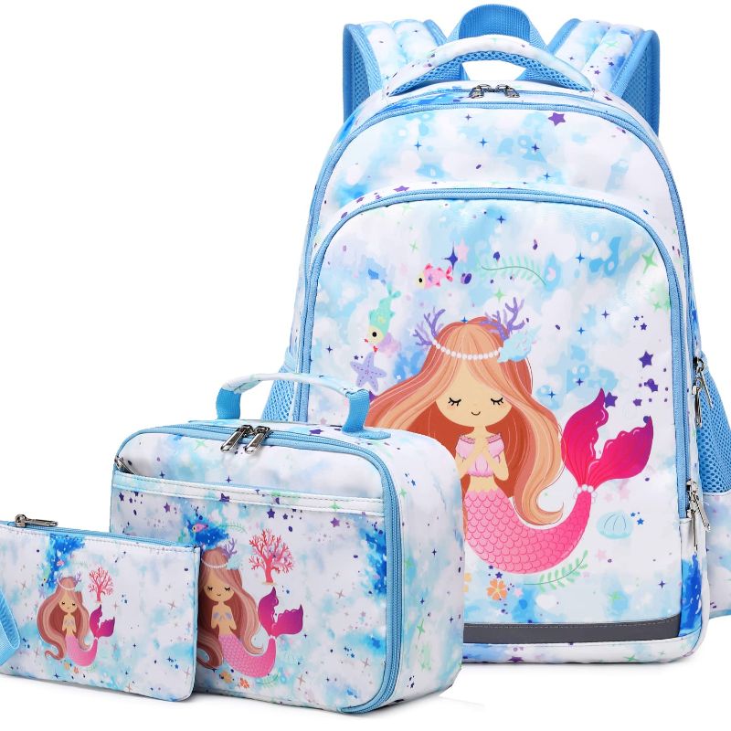 Photo 1 of Aimeen School Backpack for Girls Mermaid Girls Backpack 16.5 * 13.7 * 5.1inch,Lightweight Cute Bookbag for Teen Girl Kid Elementary with Lunchbox Schoolbag Blue Mermaid