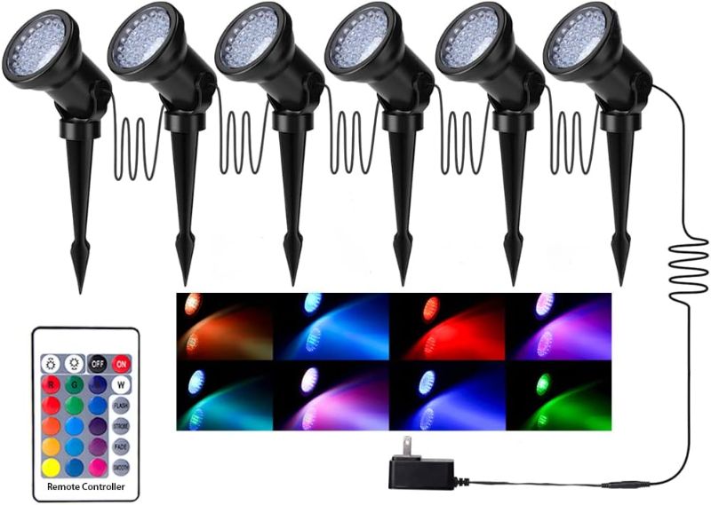 Photo 1 of ZODIC Spotlights Color Changing Outdoor Spot Lights, 12W Multi-Color Landscape Lights for 36 LEDs IP66 Waterproof Garden Pathway Walls Trees Outdoor Spotlights with Spike Stand-Set of 6